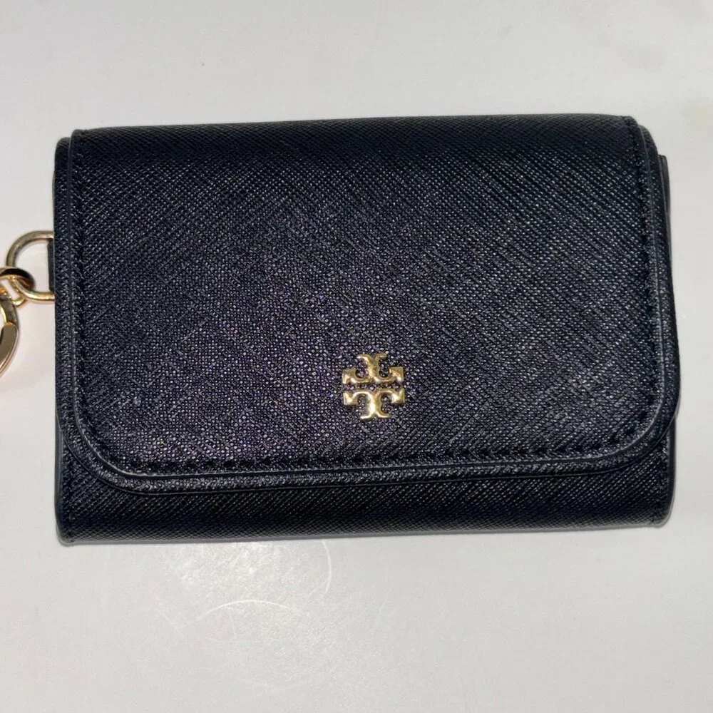 Tory Burch Emerson Flap Card Case Key Ring Coin Pouch Wallet Black . Saffiano l - Picture 2 of 6